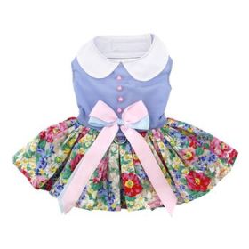 Blue and White Pastel Pearls Floral Dress with Matching Leash (Option: Large)