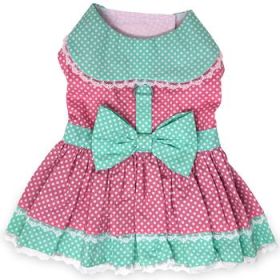 Polka Dot and Lace Dog Dress Set with Leash - Pink and Teal (Option: X-Large)